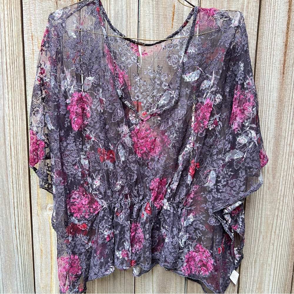 Free People Womens Multicolor Lace Elastic Waist Wing Sleeve Flowy Top Size M